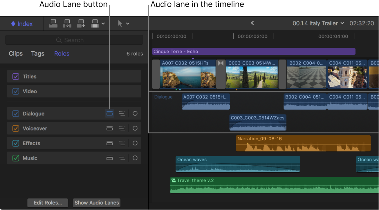 El índice de la línea de tiempo con el botón de la línea de audio resaltado para la función Diálogo y la línea de tiempo con una línea de audio separada para los clips con la función Diálogo