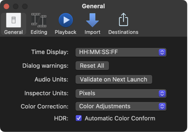 El panel General de la ventana Ajustes de Final Cut Pro