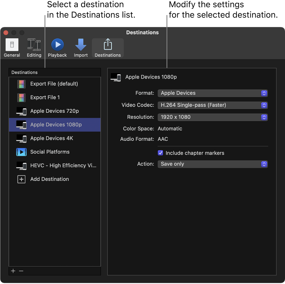 El panel Destinos de la ventana Ajustes de Final Cut Pro con el destino “Dispositivos Apple 1080p” seleccionado en la lista de la izquierda