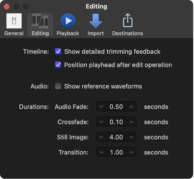 El panel Edición de la ventana Ajustes de Final Cut Pro