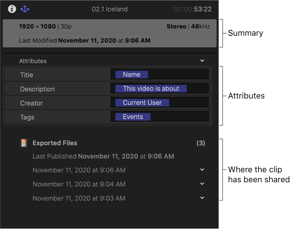 El inspector Compartir con la información resumida, los metadatos incluidos con el ítem compartido y el lugar en el que se ha compartido el clip