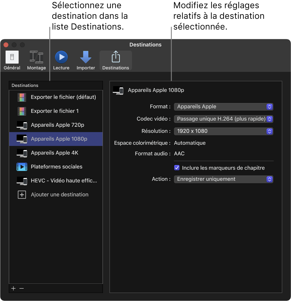 Sous-fenêtre Destinations de la fenêtre Réglages de Final Cut Pro montrant la destination « Appareils Apple 1080p », sélectionnée dans la liste de gauche