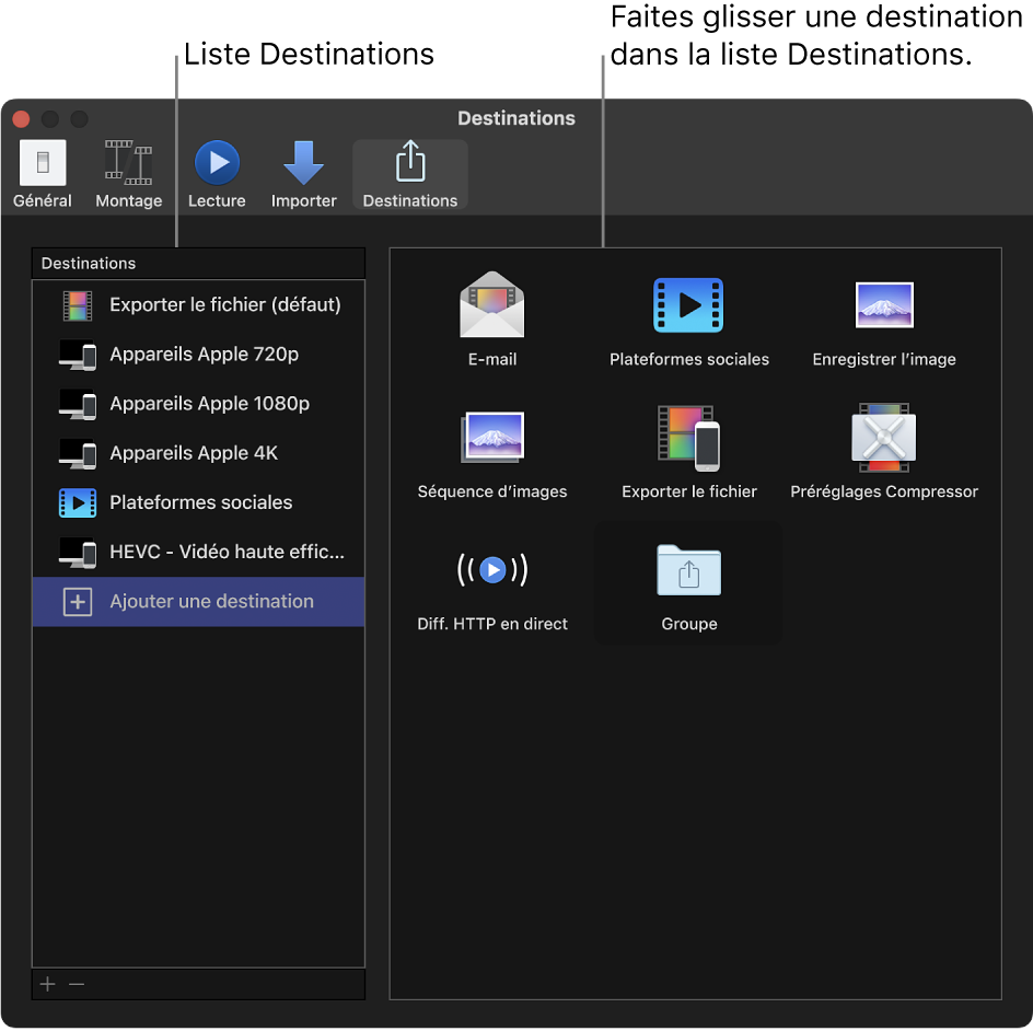 Sous-fenêtre Destinations de la fenêtre Réglages de Final Cut Pro avec l’option Ajouter une destination sélectionnée dans la liste de gauche