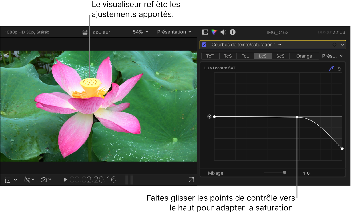 Visualiseur à gauche montrant le changement de saturation et l’inspecteur de couleur à droite montrant les points de contrôle ajustés sur la courbe Lumi contre Sat.