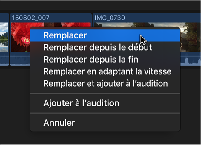 Option Remplacer dans le menu contextuel de la timeline