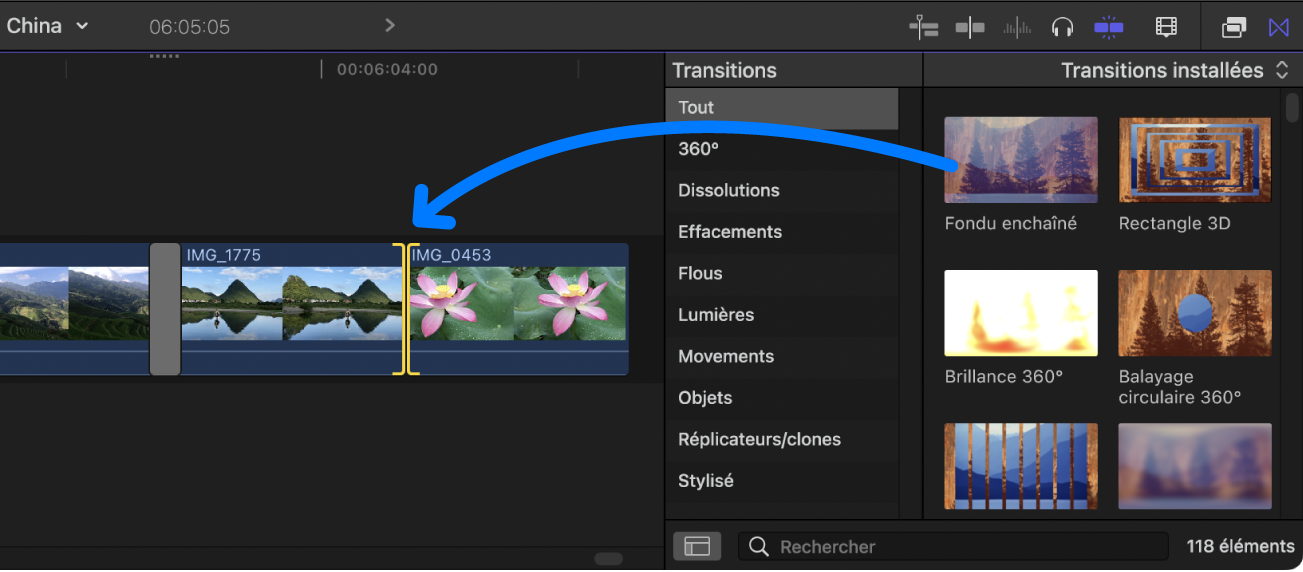 Glissement d’une transition depuis le navigateur de transitions vers un point de montage dans la timeline