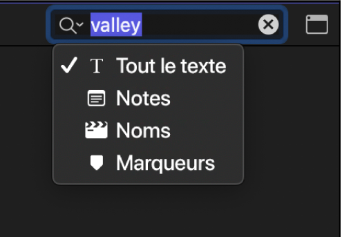 Menu local du champ de recherche affichant les catégories de recherche de texte : Notes, Noms et Marqueurs