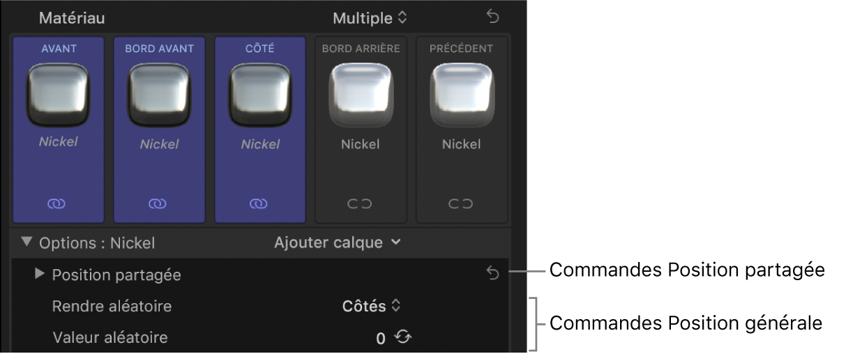 Commandes de placement dans la section Options de la section Matériaux de l’inspecteur de texte