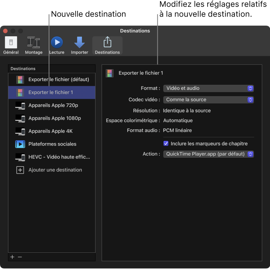 Sous-fenêtre Destinations de la fenêtre Réglages de Final Cut Pro montrant une destination « Exporter le fichier » dupliquée, sélectionnée dans la liste de gauche