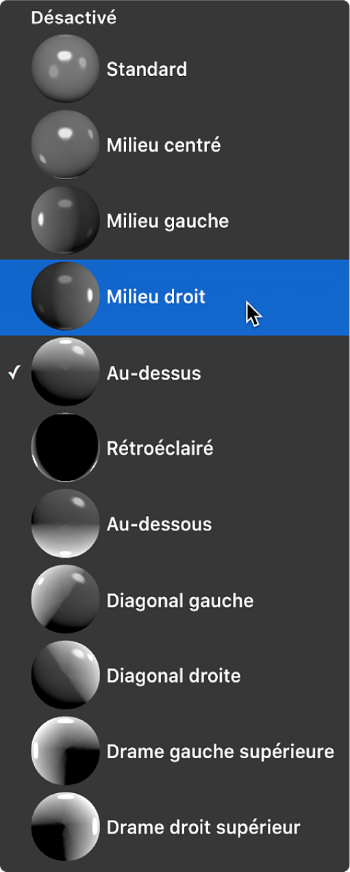 Menu local Style d’éclairage de la section Éclairage de l’inspecteur de texte, avec option Milieu droit sélectionnée