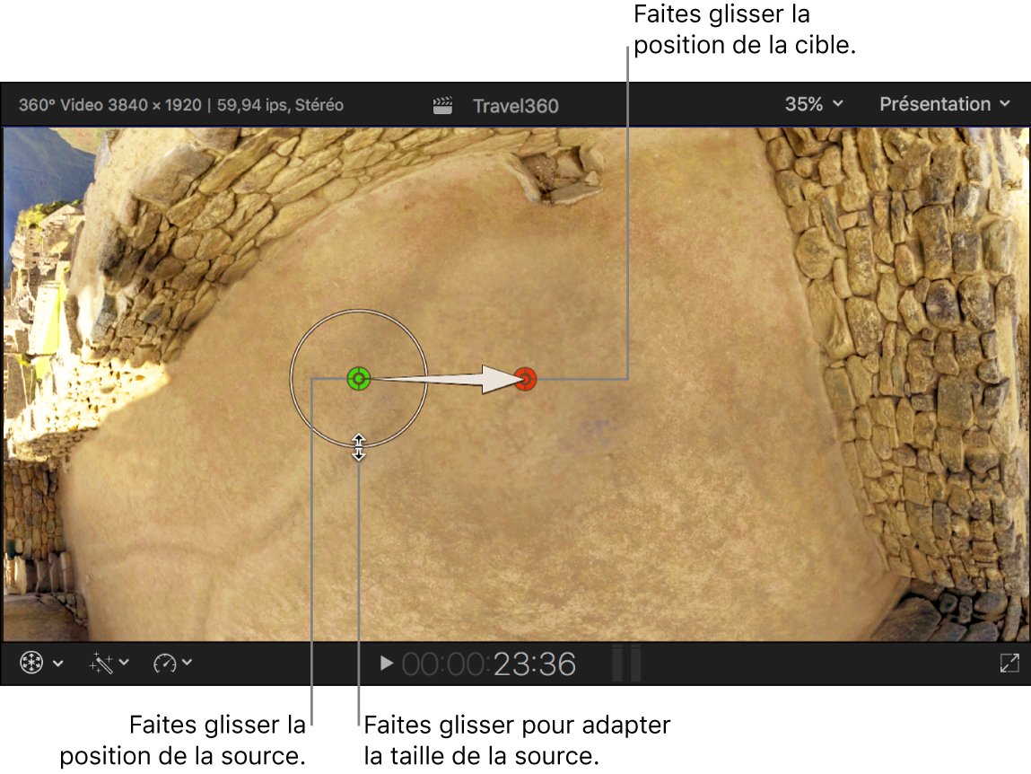 Visualiseur affichant les contrôles d’écran de l’effet Correction sur 360°