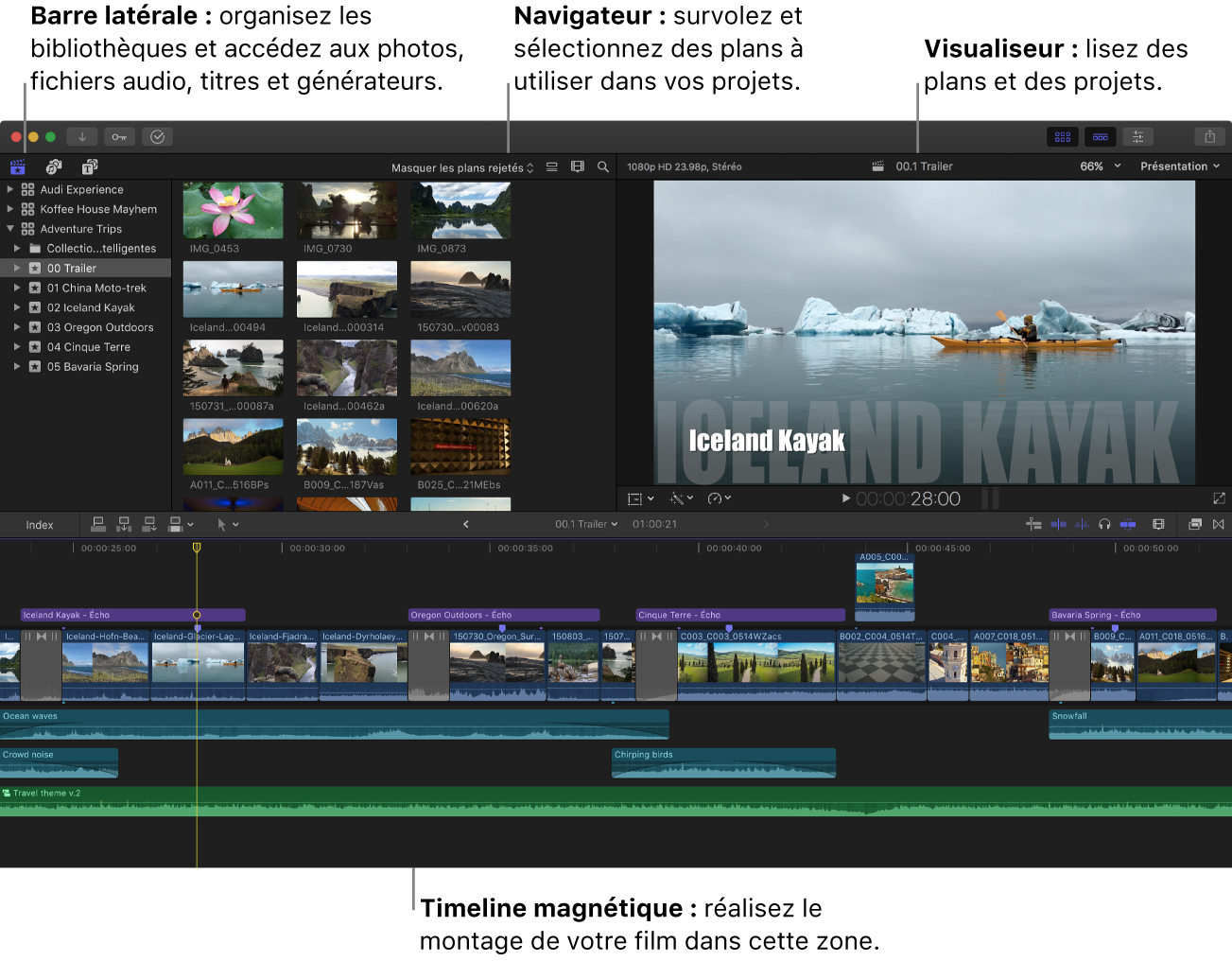 Fenêtre de Final Cut Pro affichant la barre latérale Bibliothèques, le navigateur, le visualiseur et la timeline