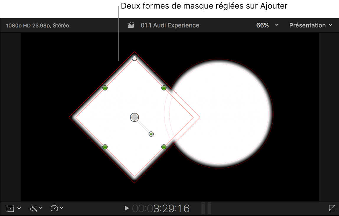 Visualiseur affichant deux formes blanches superposées sur un arrière-plan noir