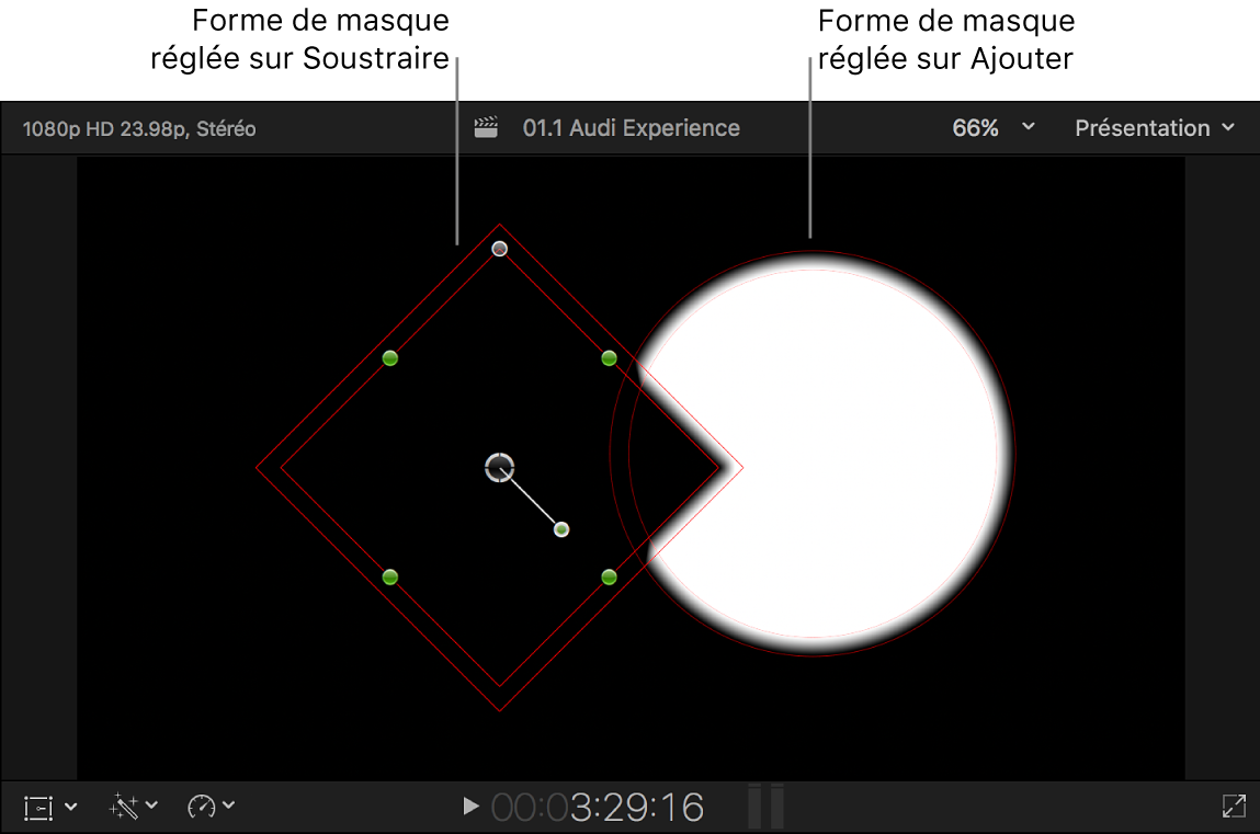 Visualiseur affichant une forme noire superposée à une forme blanche sur un arrière-plan noir