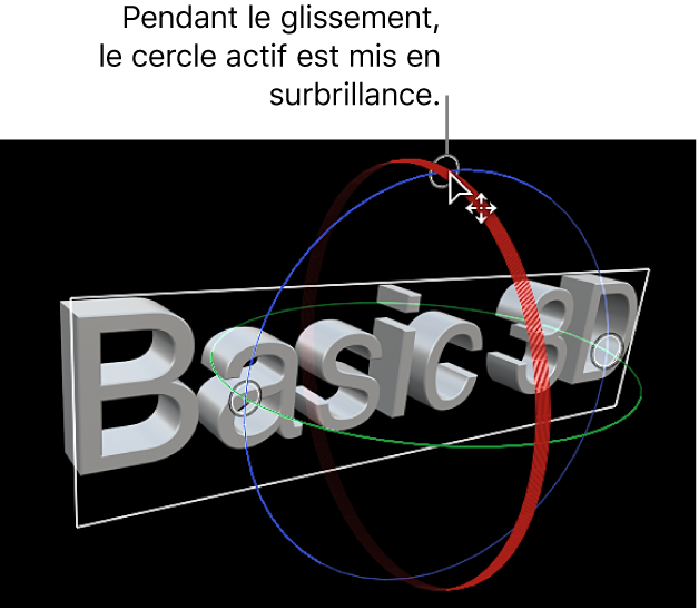 Visualiseur affichant un titre 3D avec un cercle de rotation à l’écran