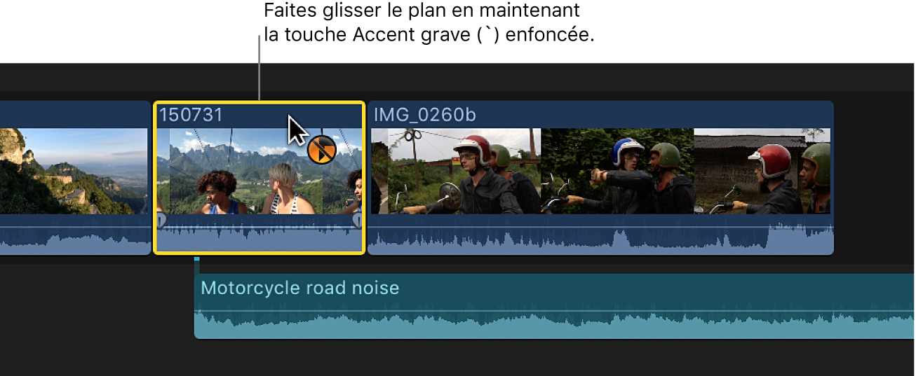 Glissement d’un plan sur la timeline avec la touche Accent grave enfoncée