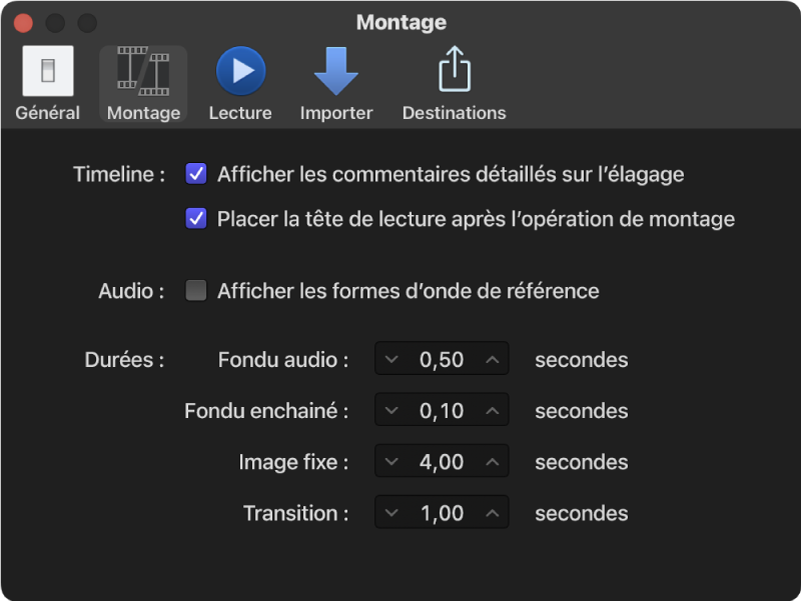 Sous-fenêtre Montage de la fenêtre Réglages de Final Cut Pro