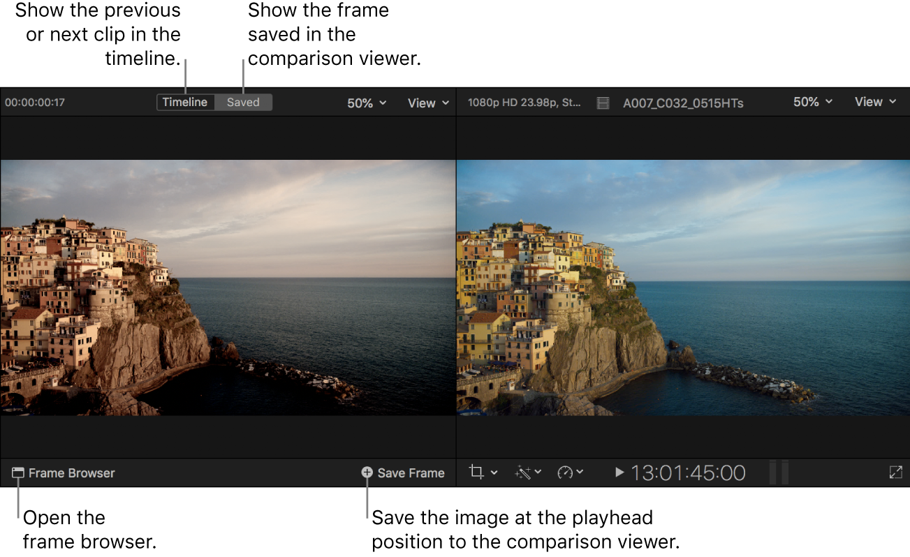 상단에 타임라인 및 저장됨 버튼, 왼쪽 하단에 프레임 브라우저 버튼, 오른쪽 하단에 프레임 저장 버튼이 있고 뷰어 왼쪽에 저장됨 모드로 표시된 비교 뷰어