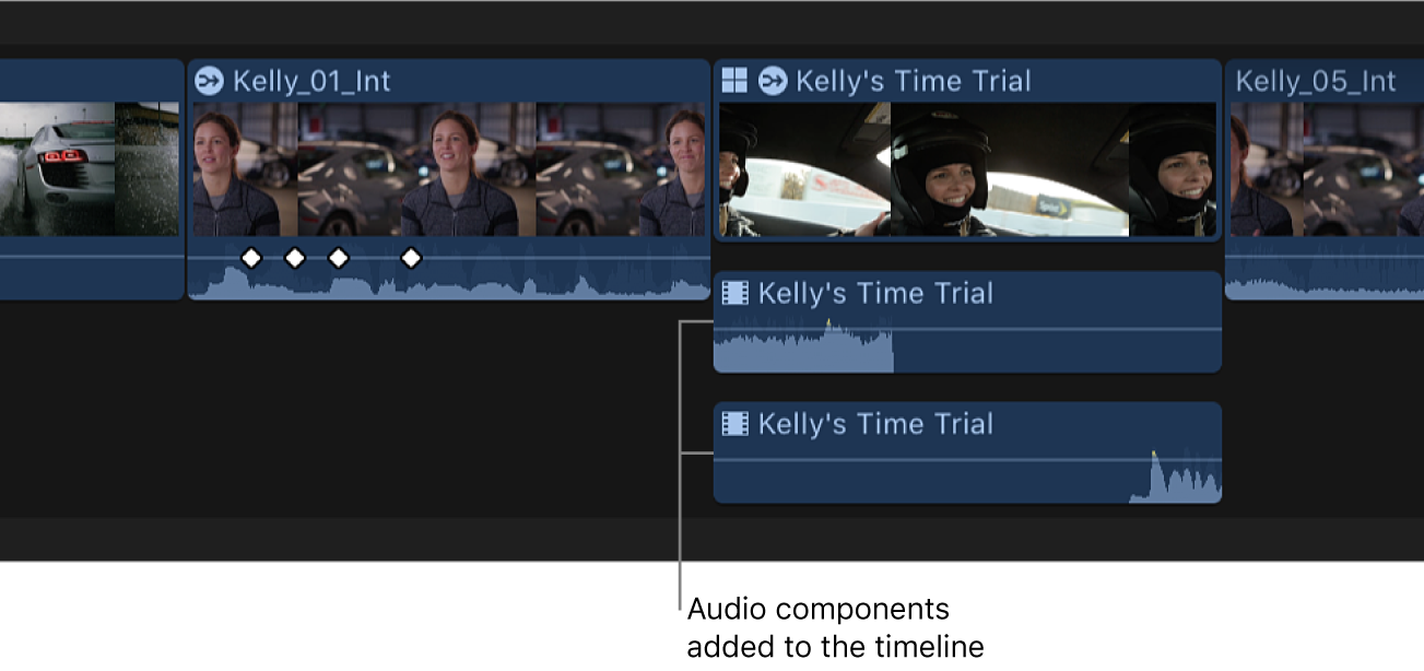 타임라인에서 확장되어 표시된, 추가된 오디오 구성요소