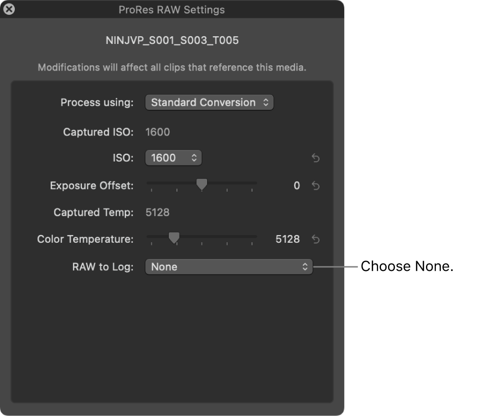 ‘RAW에서 로그로’가 없음으로 설정된 ProRes RAW 설정 윈도우