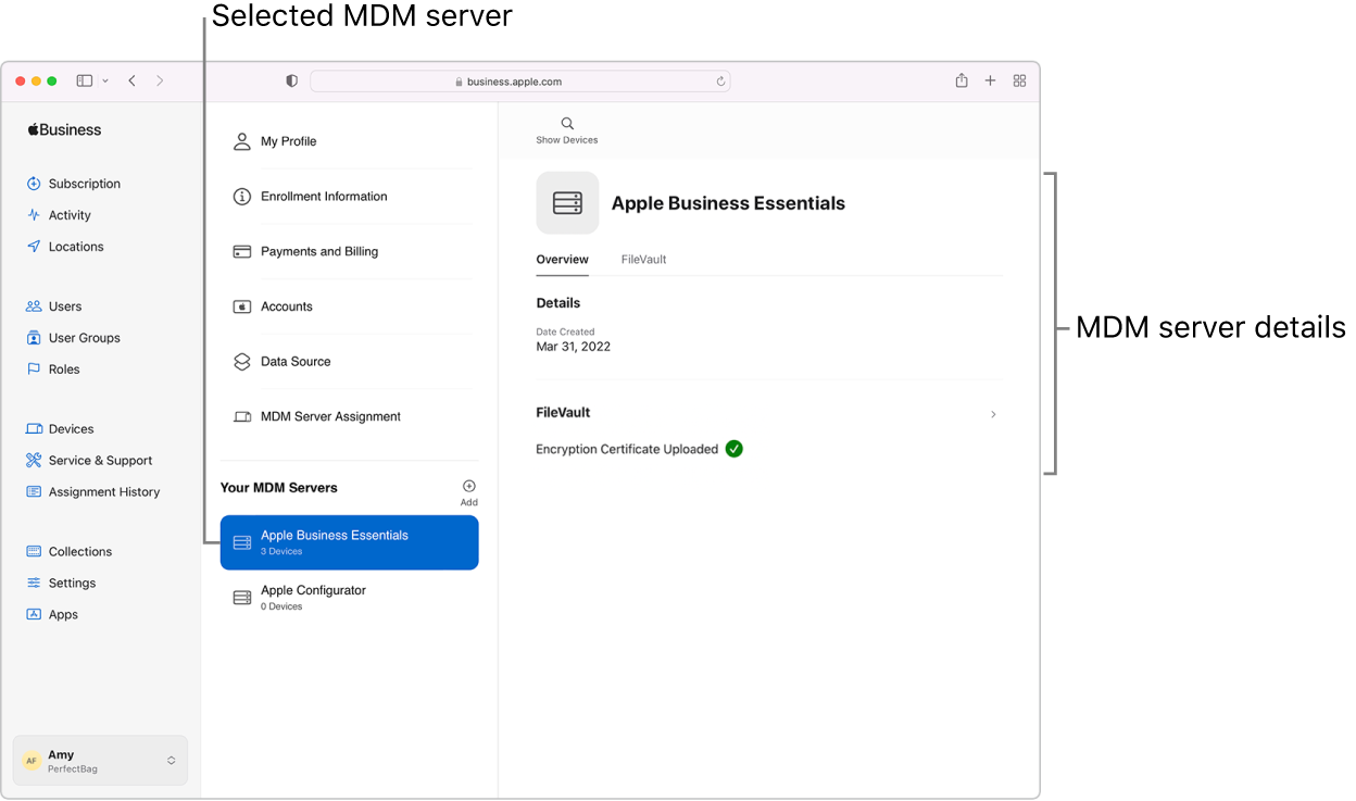 The Apple Business Essentials Your MDM Servers window with a selected server and information about that server.