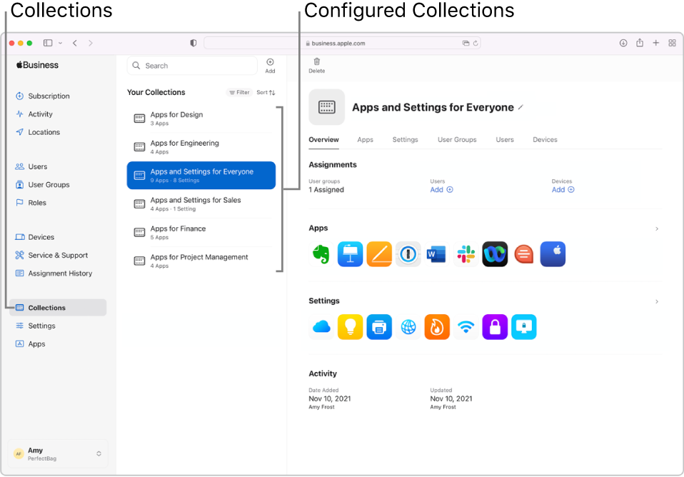 An Apple Business Essentials window showing a selected Collection.