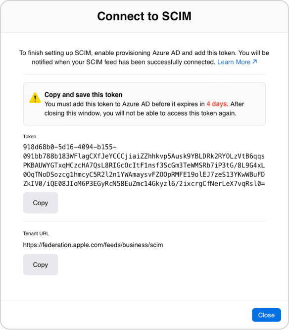 The Connect to SCIM window, which provides a token and a Copy button under it. At the lower right is the window’s Close button.