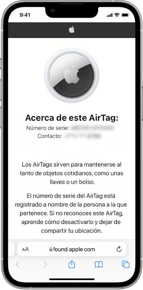 Pantalla de un iPhone mostrando información sobre un AirTag.