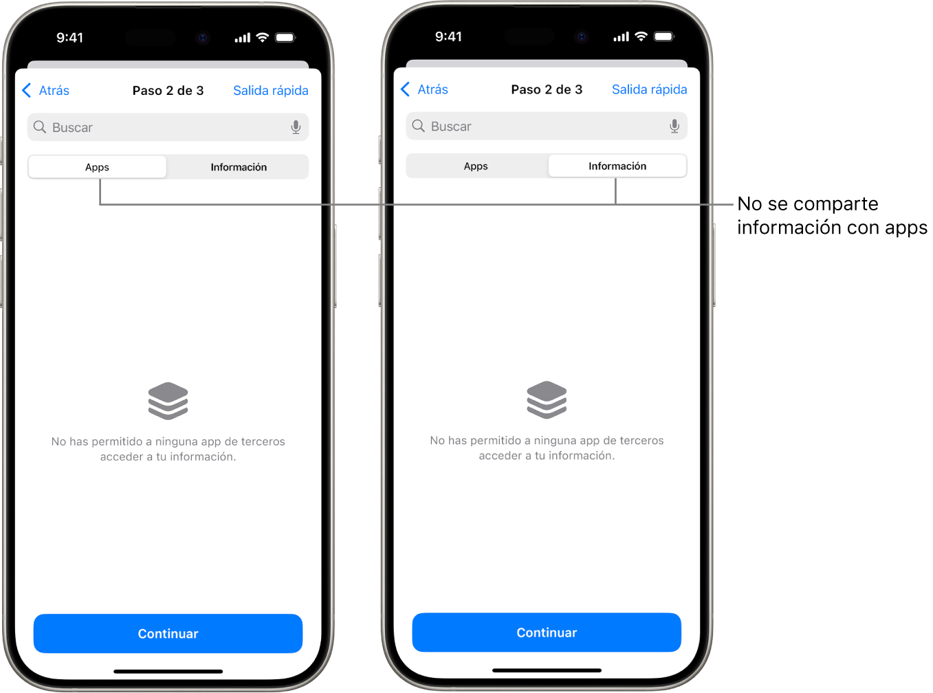 Pantalla mostrando que un usuario no comparte ninguna información con las apps al seleccionar las pestañas Apps e Información.