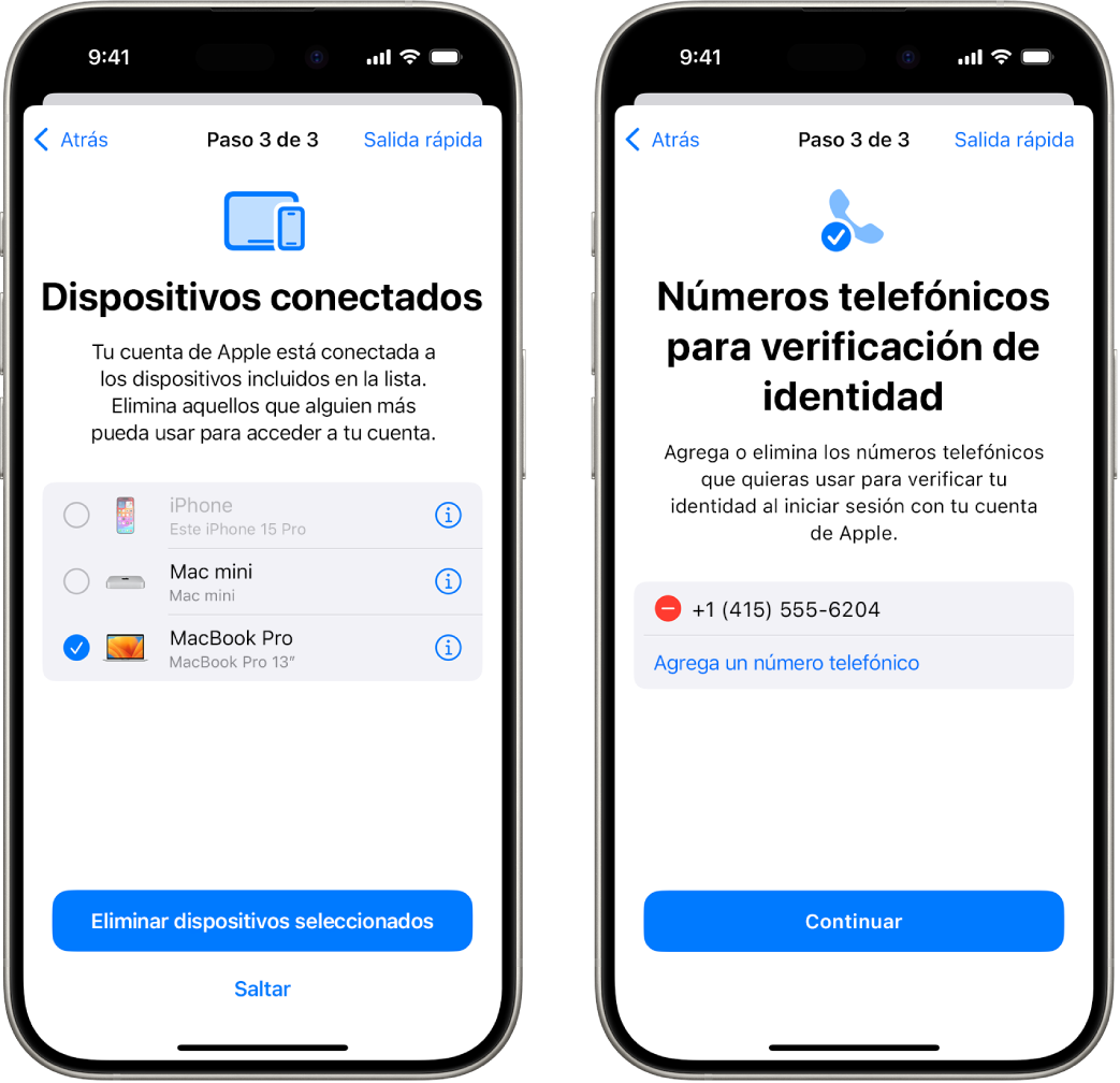 Dos pantallas de iPhone, la primera muestra un dispositivo seleccionado para eliminarse de los dispositivos de confianza y la segunda muestra una pantalla para editar los números de confianza.