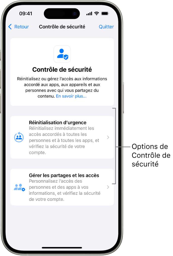 Un écran affichant les deux options disponibles avec Contrôle de sécurité : Réinitialisation d’urgence et Gérer les partages et les accès.