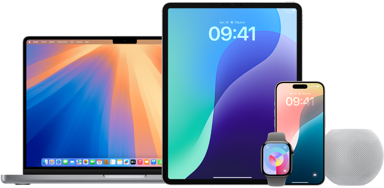 Un MacBook Pro, un iPad, une Apple Watch, un iPhone et un HomePod.