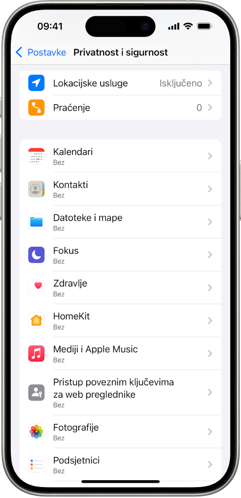iPhone s prikazom zaslona Privatnost i sigurnost u Postavkama.