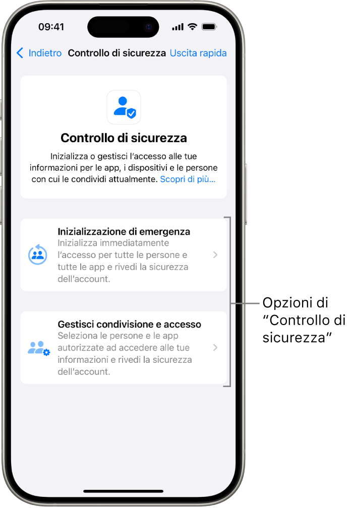 Una schermata che mostra le due opzioni disponibili in “Controllo di sicurezza”: “Inizializzazione di emergenza” e “Gestisci condivisione e accesso”.