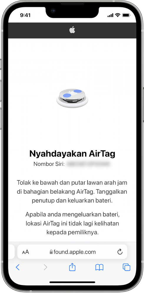 Skrin iPhone menunjukkan cara menyahdayakan AirTag.