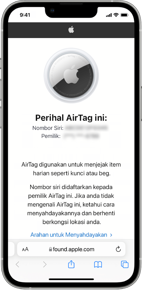 Skrin iPhone menunjukkan maklumat tentang AirTag.