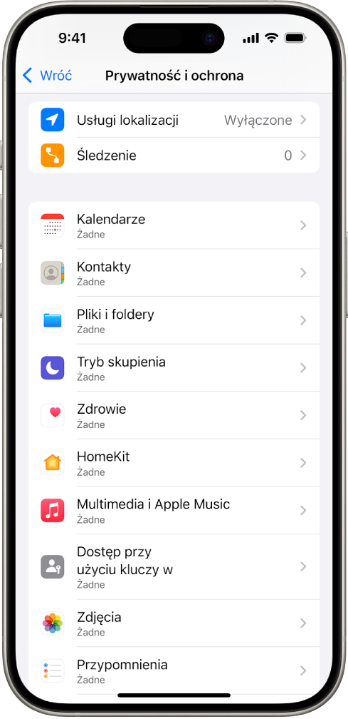 iPhone wyświetlający ekran Prywatność i ochrona w Ustawieniach.