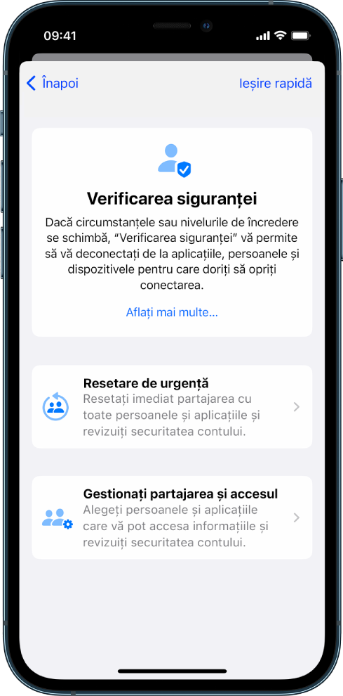 Un iPhone prezentând ecranul Verificarea siguranței.