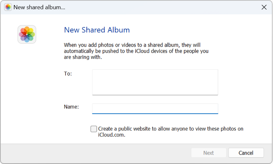 Ventana “Nuevo álbum compartido” en un ordenador Windows. Todos los campos están vacíos.