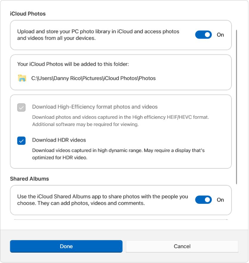 Options de Photos dans iCloud pour Windows. Les fonctionnalités Photos iCloud et Albums partagés sont toutes deux sélectionnées.