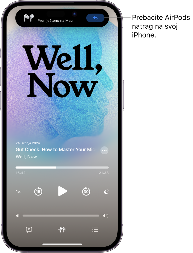 Zaključani zaslon iPhonea s porukom pri vrhu u kojoj piše “Premješteno na Mac” i tipkom za prebacivanje slušalica AirPods natrag na iPhone.