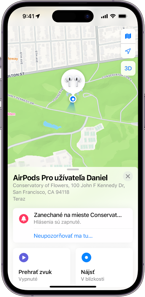 Obrazovka v apke Nájsť na iPhone. Na mape San Francisca sa zobrazuje poloha AirPodov spolu s adresou a možnosťami Prehrať zvuk a Nájsť.