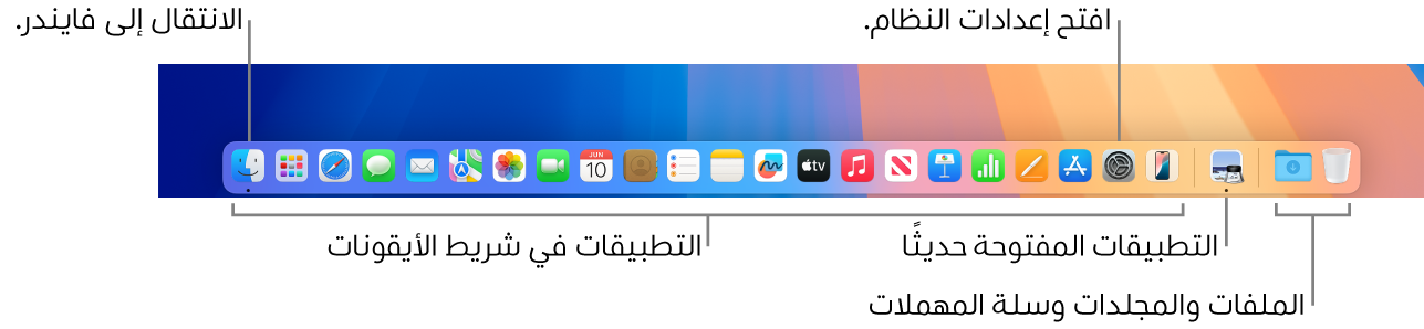 شريط الأيقونات يعرض فايندر، وإعدادات النظام، والخط الذي يفصل بين التطبيقات وبين الملفات والمجلدات في شريط الأيقونات.