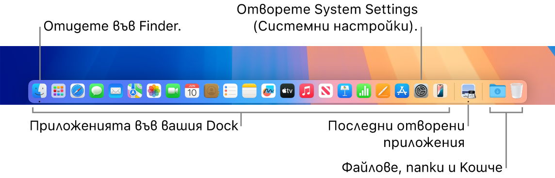 Лентата Dock, която показва Finder, System Settings (Системни настройки) и разделителя в лентата Dock, който отделя приложенията от файловете и папките.