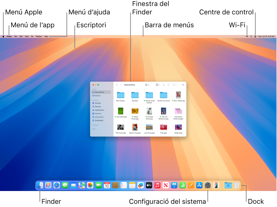 Pantalla del Mac en què es veuen el menú Apple, el menú de l’app, el menú Ajuda, l’escriptori, la barra de menús, una finestra del Finder, la icona de la Wi‑Fi, la icona del centre de control, la icona del Finder, la icona de la configuració del sistema i el Dock.