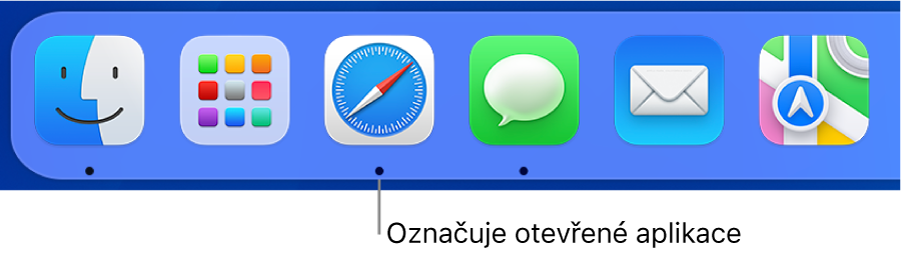 Část Docku s černými tečkami pod otevřenými aplikacemi