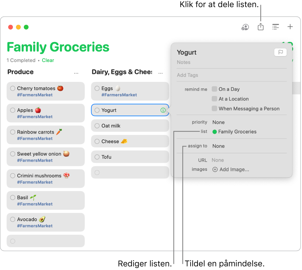 En vindue i appen Påmindelser, der viser oplysninger for en påmindelse på en delt indkøbsliste.