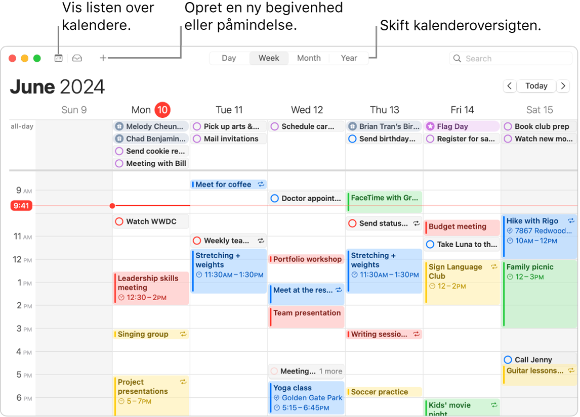 Et vindue i Kalender, der viser alle de begivenheder og påmindelser, der er planlagt for ugen. Pile peger på knapper, der viser kalenderlisten. Opret en begivenhed eller påmindelse, og skift oversigten til Dag, Uge, Måned eller År.