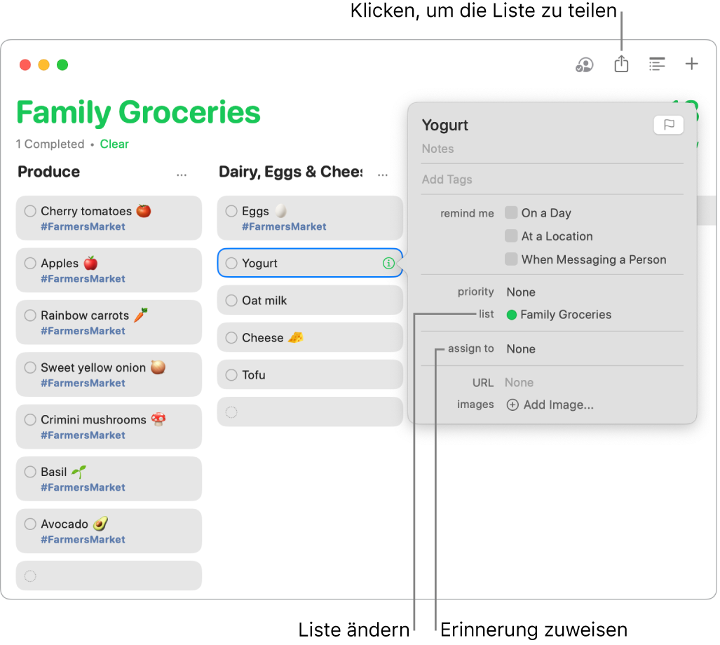 Ein Fenster der App „Erinnerungen“ zeigt die Details für eine Erinnerung auf einer geteilten Einkaufsliste an.