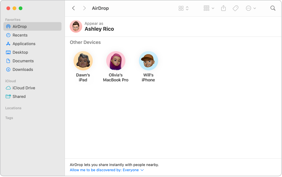 A Finder window with AirDrop selected in the Favorites section of the sidebar.